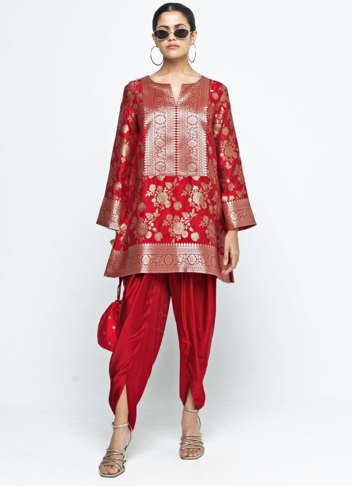 Red Brocade Floral Jaal Silk Kurta Dhoti Set Sobariko - Fabilicious Fashion
