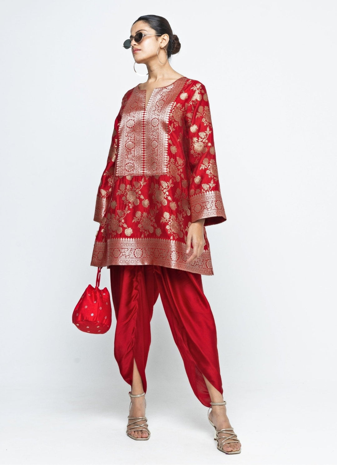 Red Brocade Floral Jaal Silk Kurta Dhoti Set Sobariko - Fabilicious Fashion