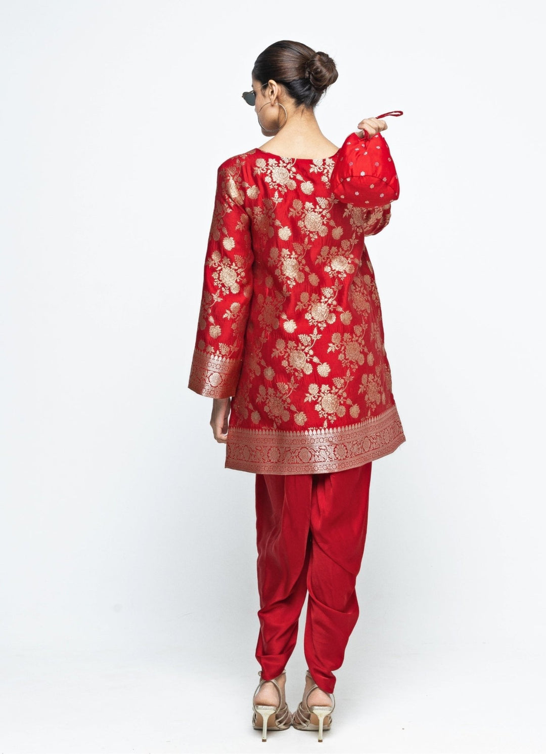 Red Brocade Floral Jaal Silk Kurta Dhoti Set Sobariko - Fabilicious Fashion