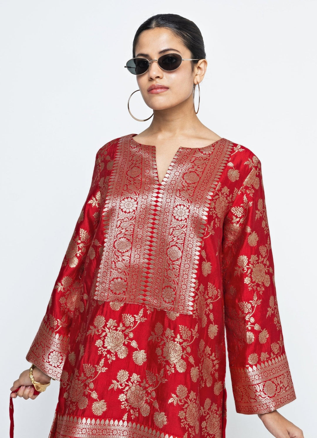 Red Brocade Floral Jaal Silk Kurta Dhoti Set Sobariko - Fabilicious Fashion