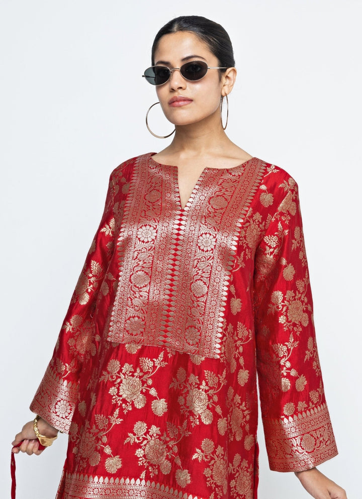 Red Brocade Floral Jaal Silk Kurta Dhoti Set Sobariko - Fabilicious Fashion