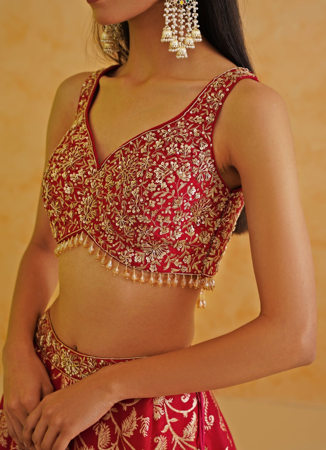 Red Brocade Lehenga Set Deepika Chadha - Fabilicious Fashion