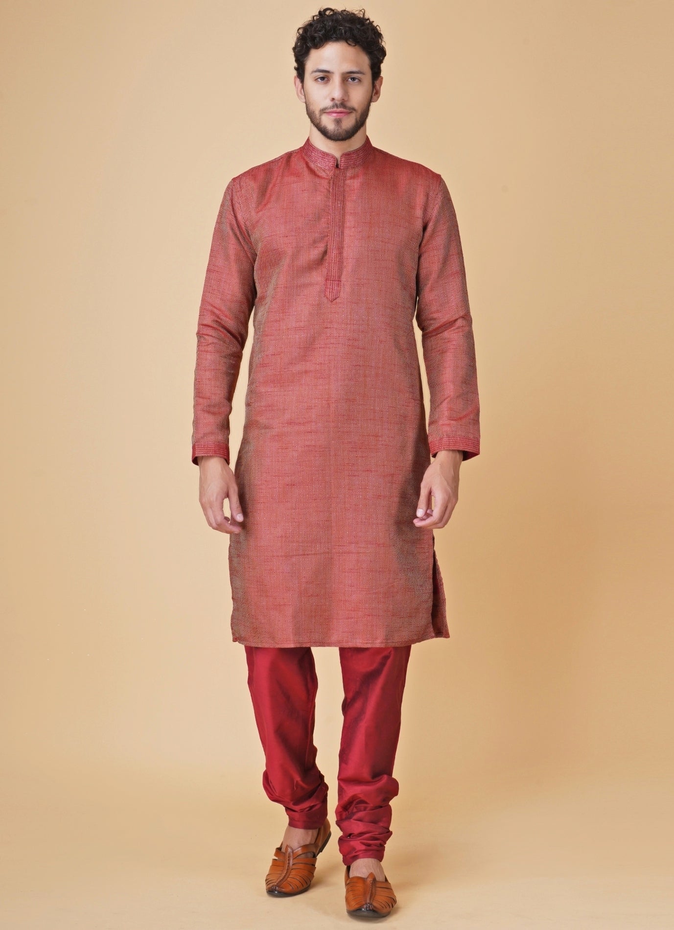 Red brocade kurta set for wedding guest traditional look