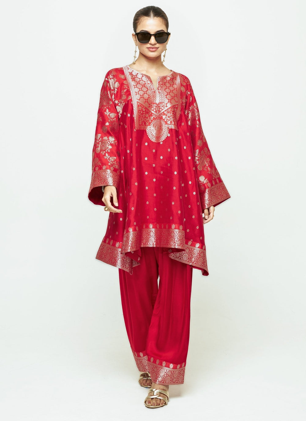 Sobariko Red Brocade Silk Kurta With Farshi Salwar SetFabilicious Fashion