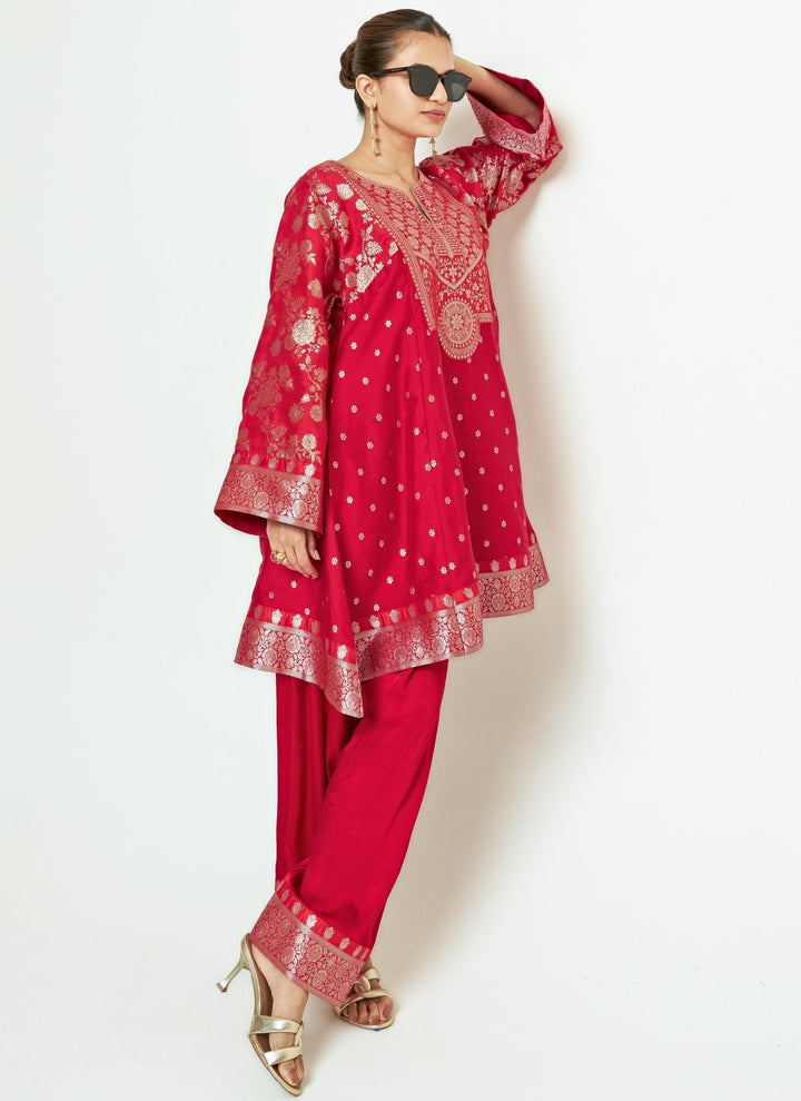 Sobariko Red Brocade Silk Kurta With Farshi Salwar SetFabilicious Fashion