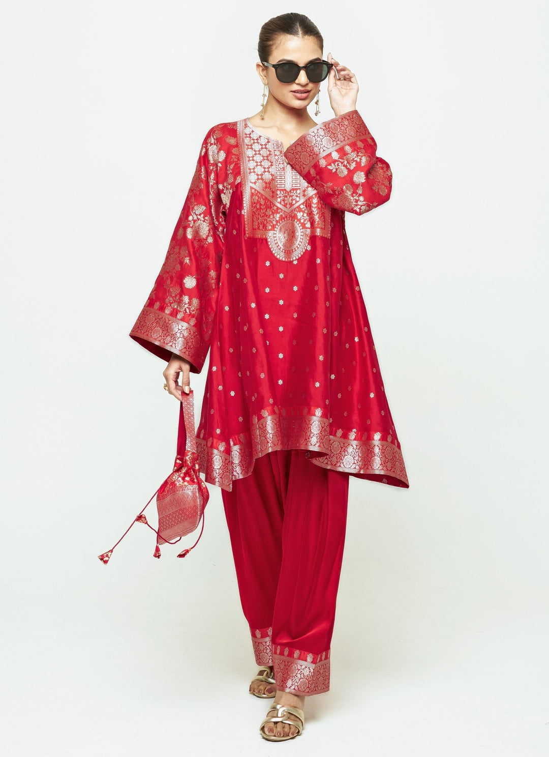 Sobariko Red Brocade Silk Kurta With Farshi Salwar SetFabilicious Fashion