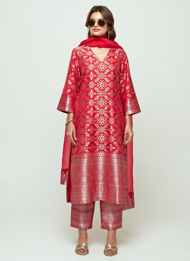 Sobariko Red Brocade Silk Long Kurta Pants SetFabilicious Fashion