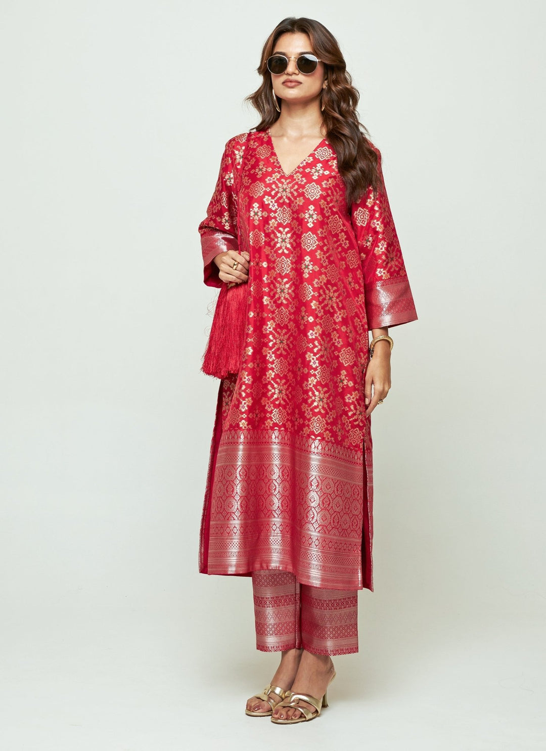 Sobariko Red Brocade Silk Long Kurta Pants SetFabilicious Fashion