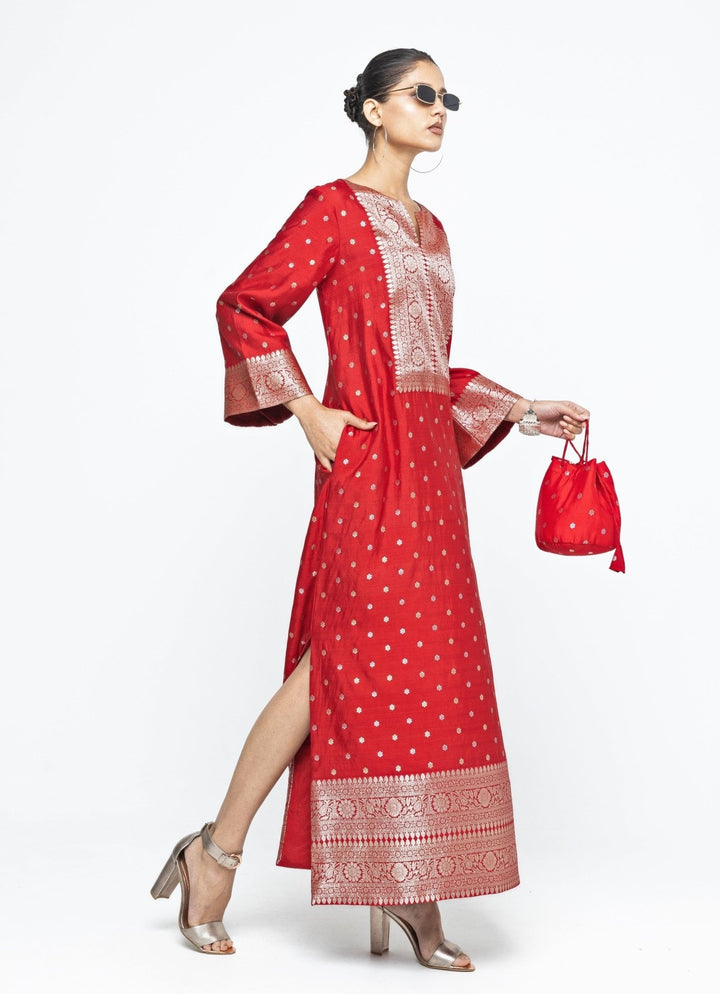 Red Butti Silk Slit Kaftan Sobariko - Fabilicious Fashion