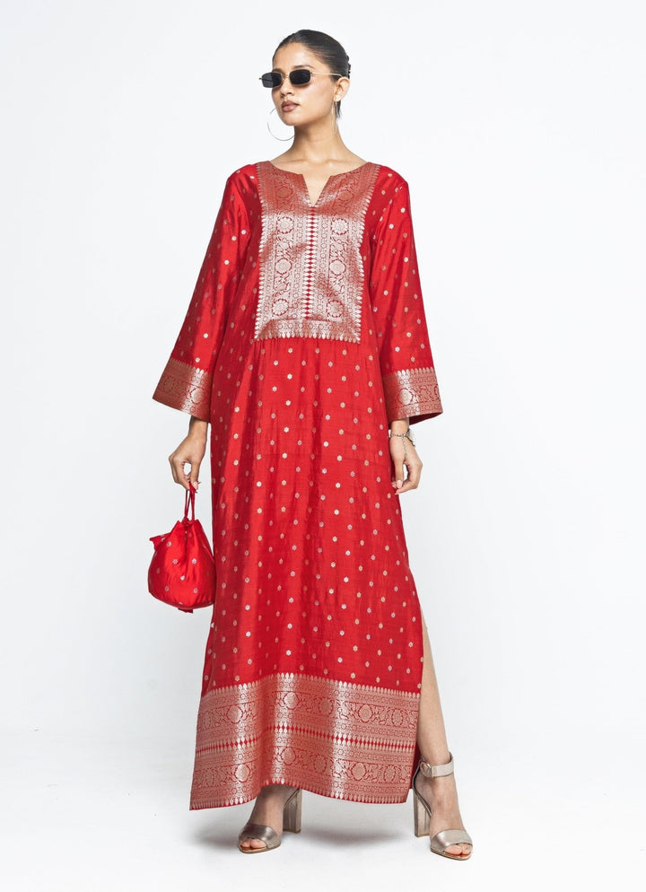 Red Butti Silk Slit Kaftan Sobariko - Fabilicious Fashion