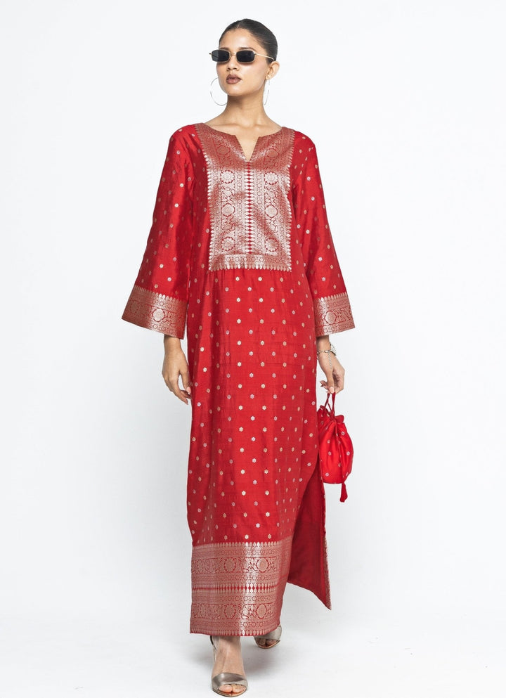 Red Butti Silk Slit Kaftan Sobariko - Fabilicious Fashion