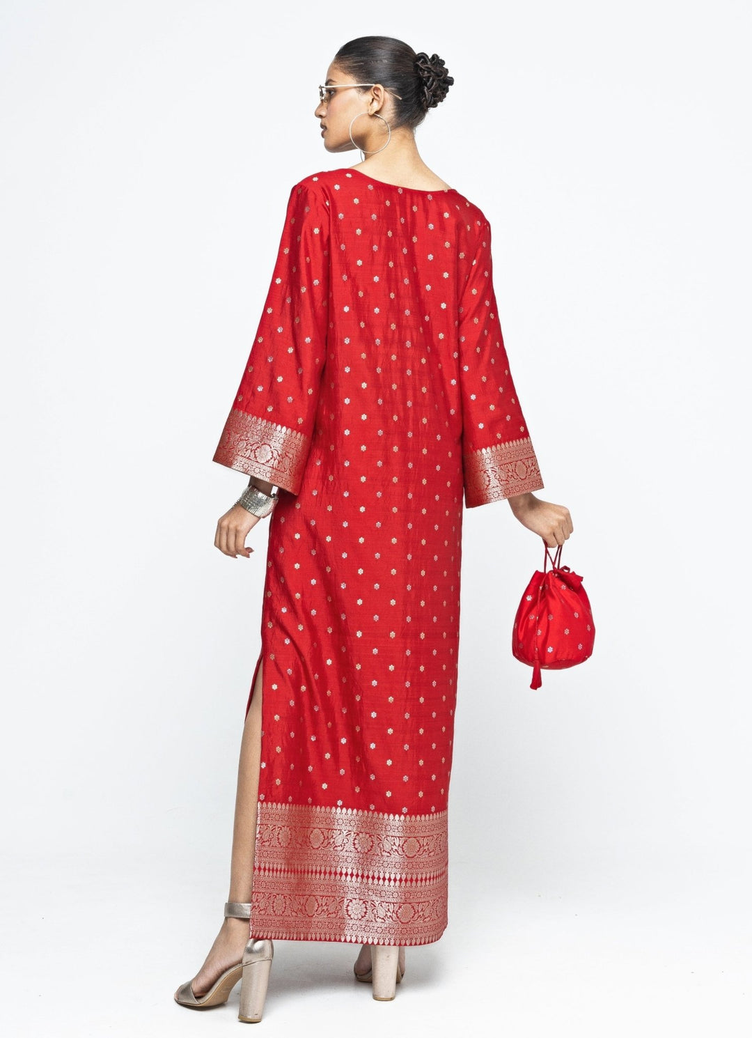 Red Butti Silk Slit Kaftan Sobariko - Fabilicious Fashion