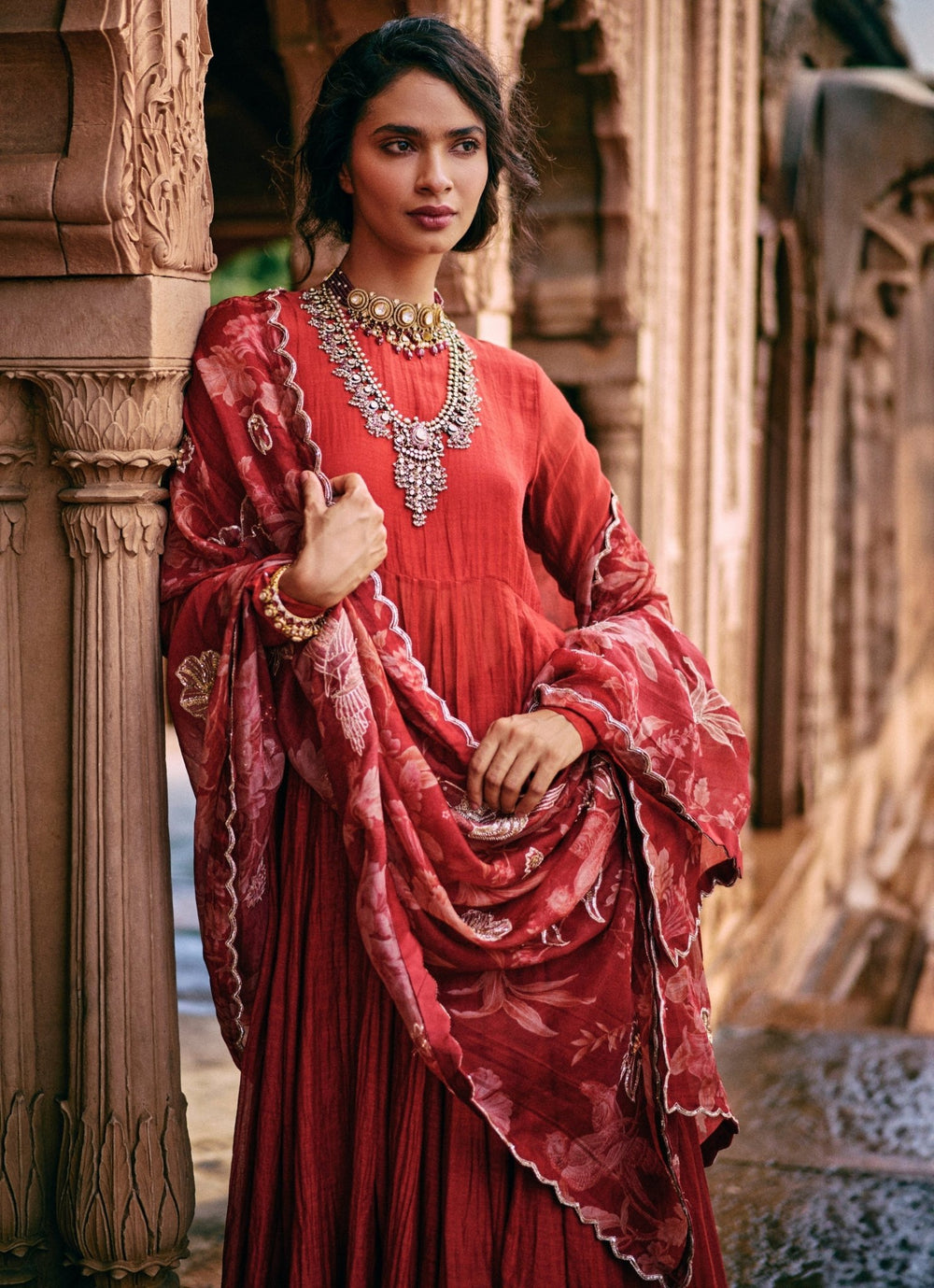 Red Chanderi Anarkali Set With Skirt Paulmi and Harsh - Fabilicious Fashion