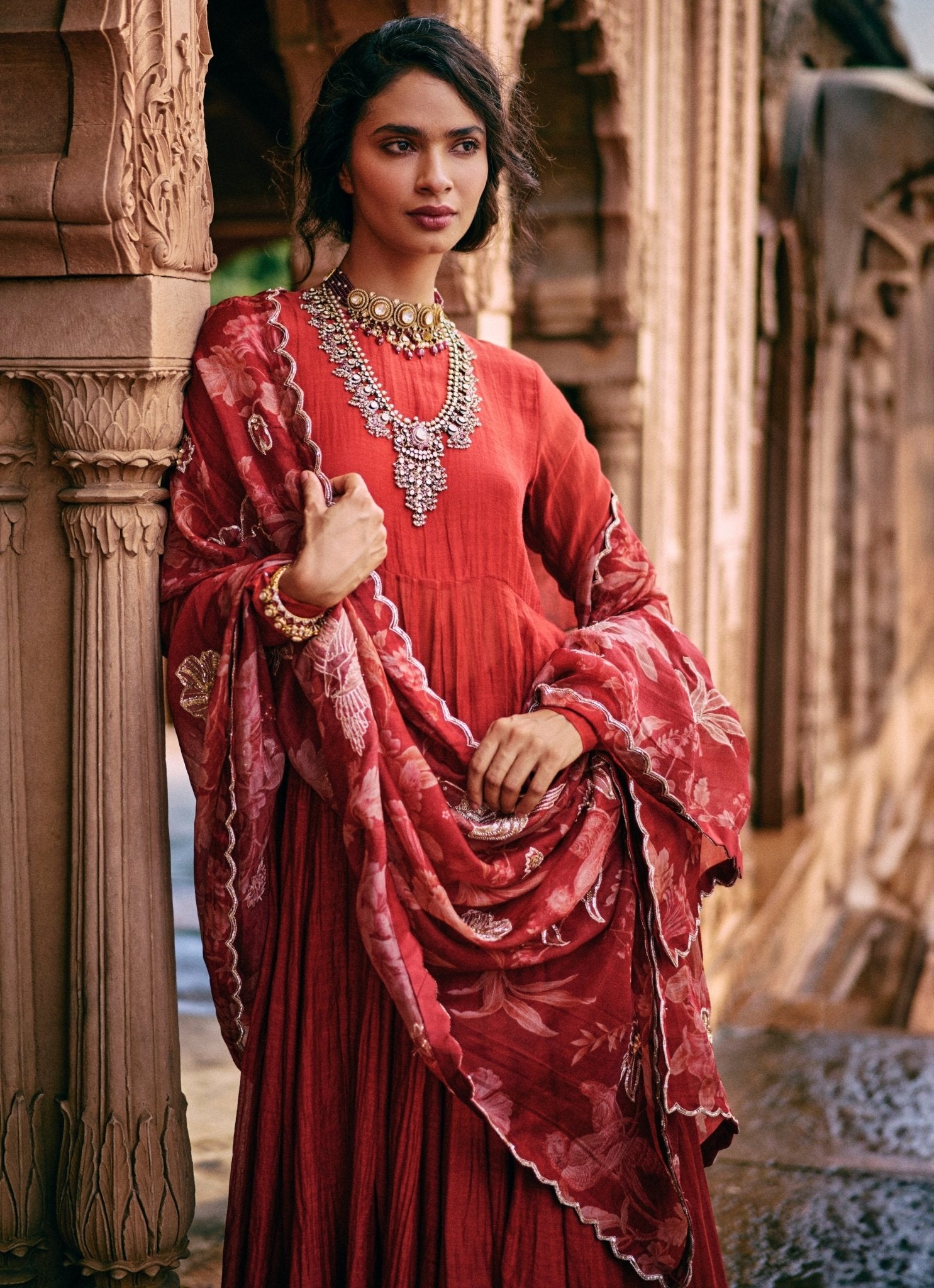 Paulmi and Harsh red chanderi anarkali set — Lohri outfit for women