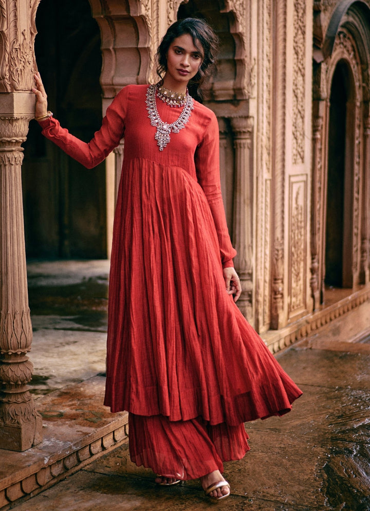 Red Chanderi Anarkali Set With Skirt Paulmi and Harsh - Fabilicious Fashion