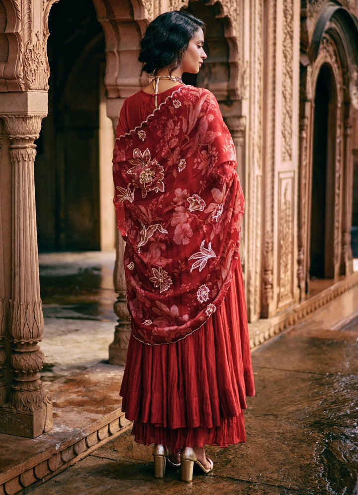 Red Chanderi Anarkali Set With Skirt Paulmi and Harsh - Fabilicious Fashion