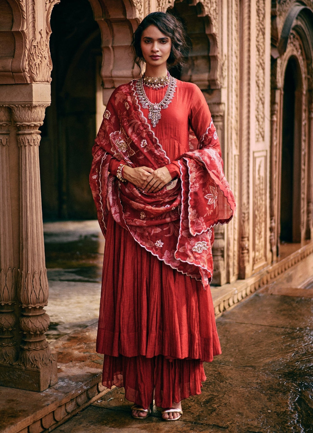 Red Chanderi Anarkali Set With Skirt Paulmi and Harsh - Fabilicious Fashion