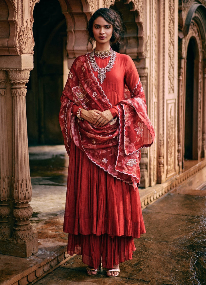 Red Chanderi Anarkali Set With Skirt Paulmi and Harsh - Fabilicious Fashion