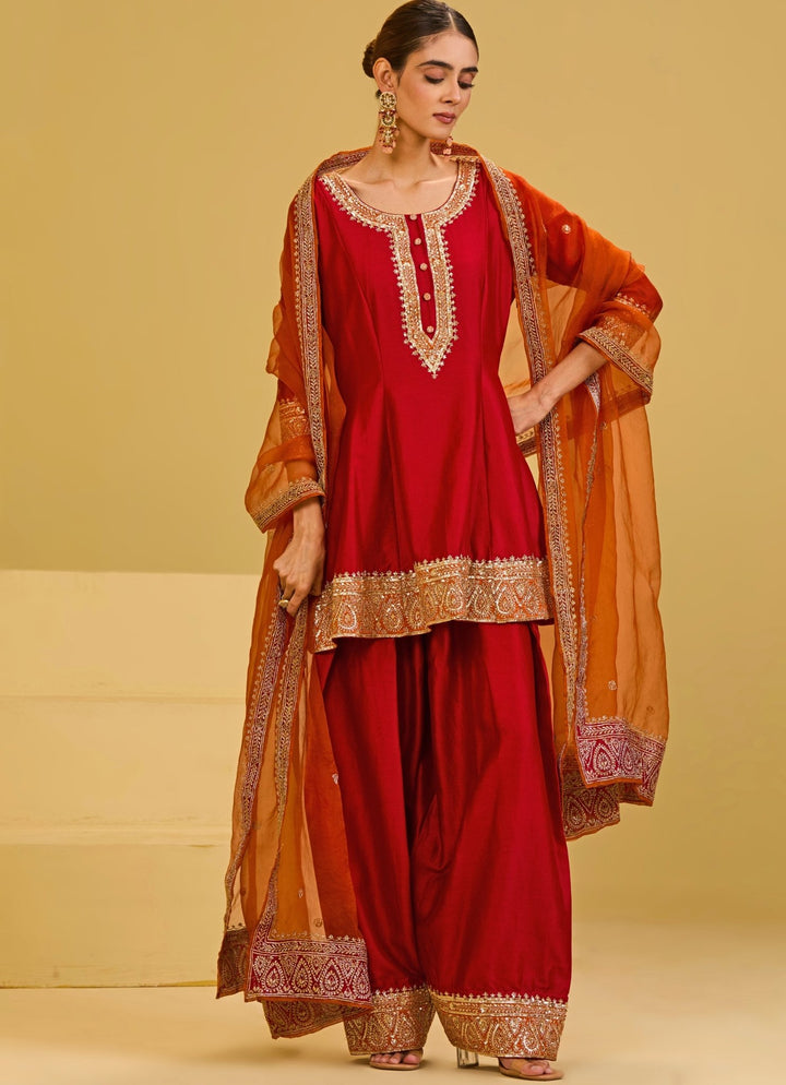 Esha Koul Red Chanderi Kurta Farshi Salwar SetFabilicious Fashion