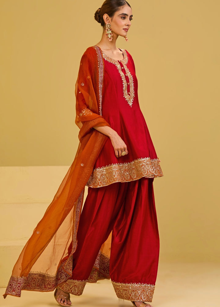Esha Koul Red Chanderi Kurta Farshi Salwar SetFabilicious Fashion