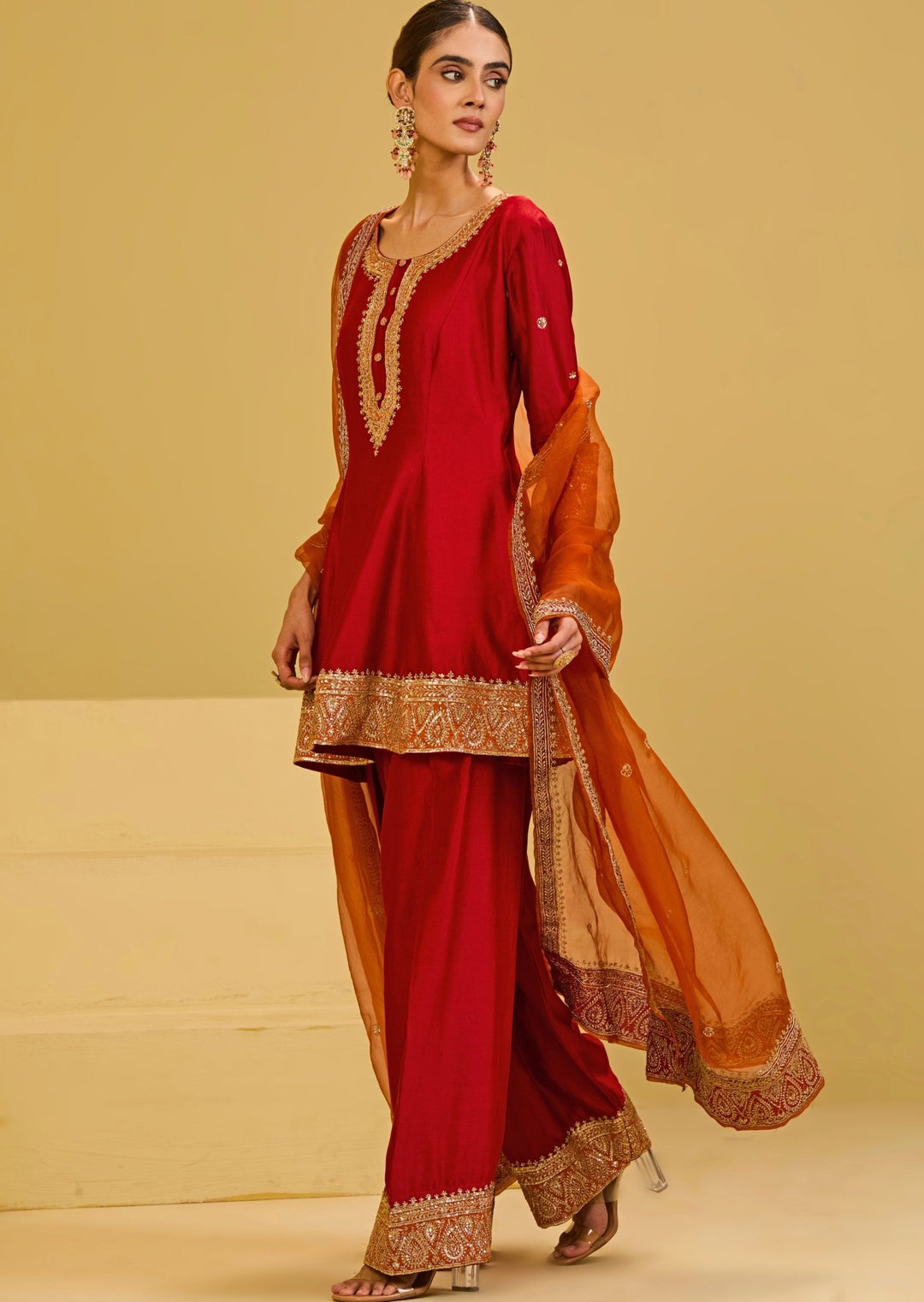 Esha Koul Red Chanderi Kurta Farshi Salwar SetFabilicious Fashion