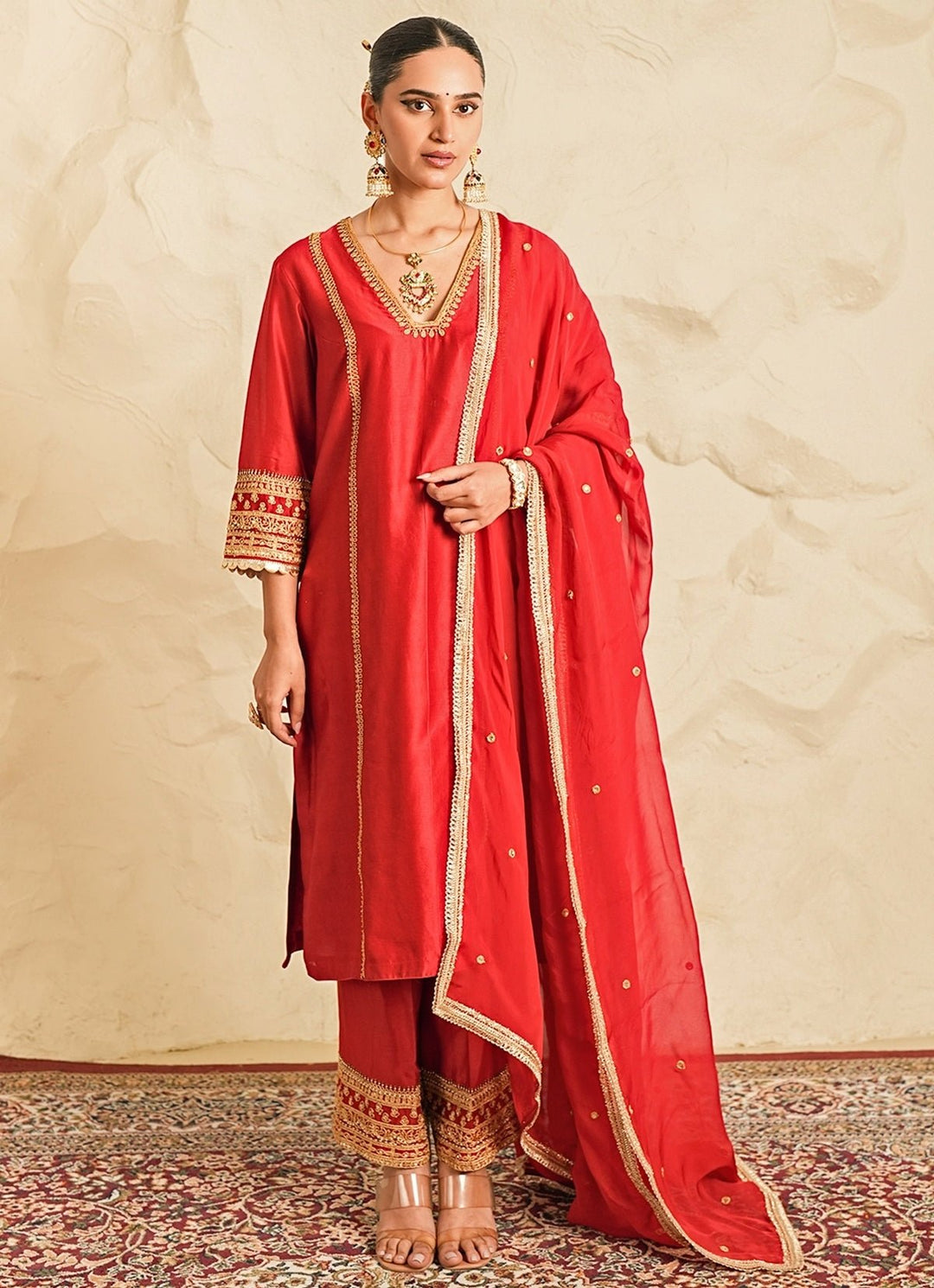 Nidhika Shekhar Red Chanderi Kurta Pants SetFabilicious Fashion