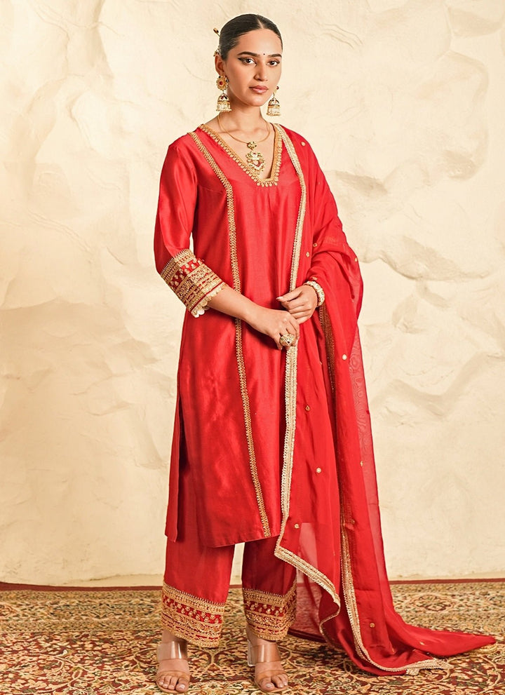 Nidhika Shekhar Red Chanderi Kurta Pants SetFabilicious Fashion