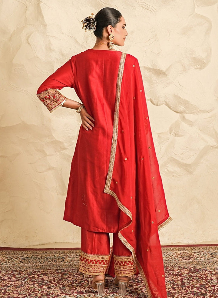Nidhika Shekhar Red Chanderi Kurta Pants SetFabilicious Fashion