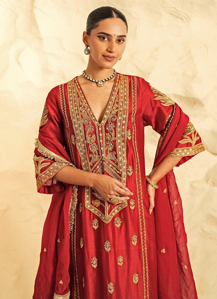 Nidhika Shekhar Red Chanderi Kurta Pants SetFabilicious Fashion