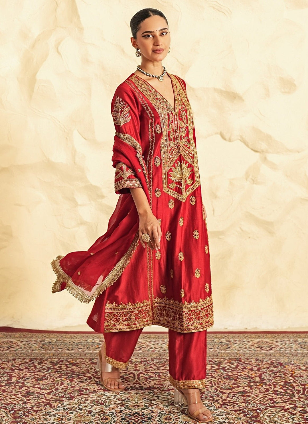 Nidhika Shekhar Red Chanderi Kurta Pants SetFabilicious Fashion
