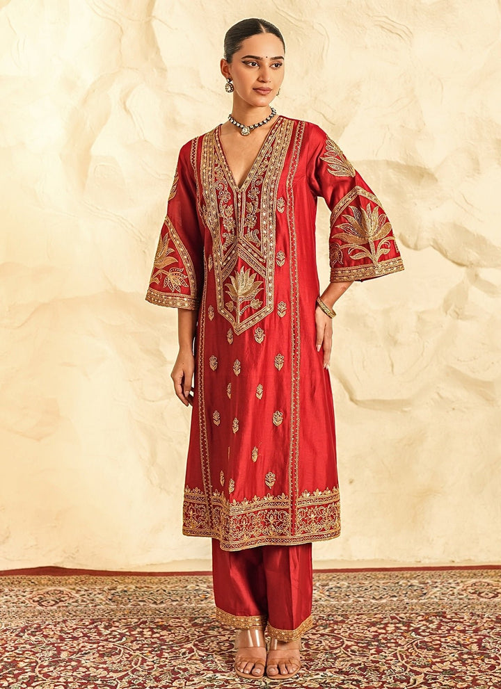 Nidhika Shekhar Red Chanderi Kurta Pants SetFabilicious Fashion