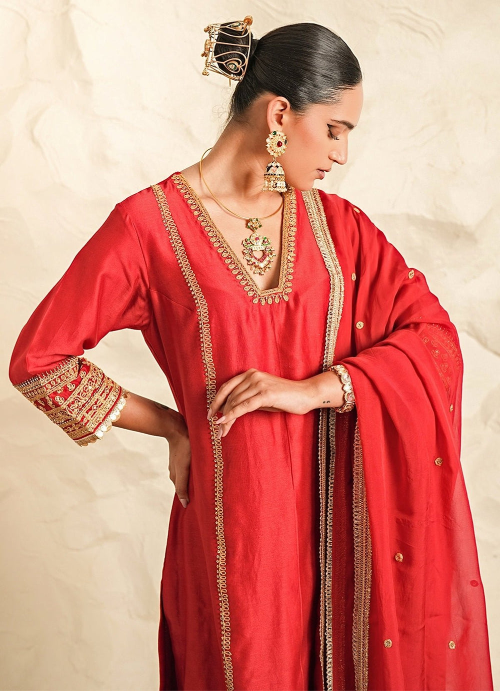 Nidhika Shekhar Red Chanderi Kurta Pants SetFabilicious Fashion