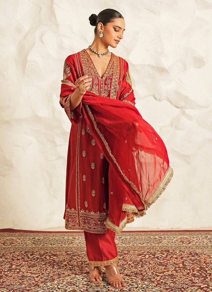 Nidhika Shekhar Red Chanderi Kurta Pants SetFabilicious Fashion