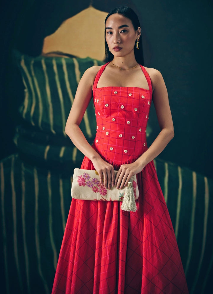Red Checked Printed Corset Dress Paulmi and Harsh X Ease - Fabilicious Fashion