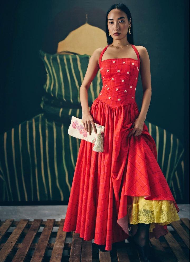 Red Checked Printed Corset Dress Paulmi and Harsh X Ease - Fabilicious Fashion