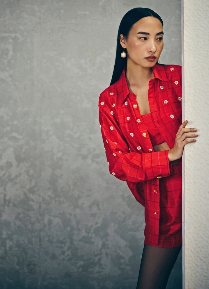 Red Checked Silk Shorts Co Ord Set Paulmi and Harsh X Ease - Fabilicious Fashion