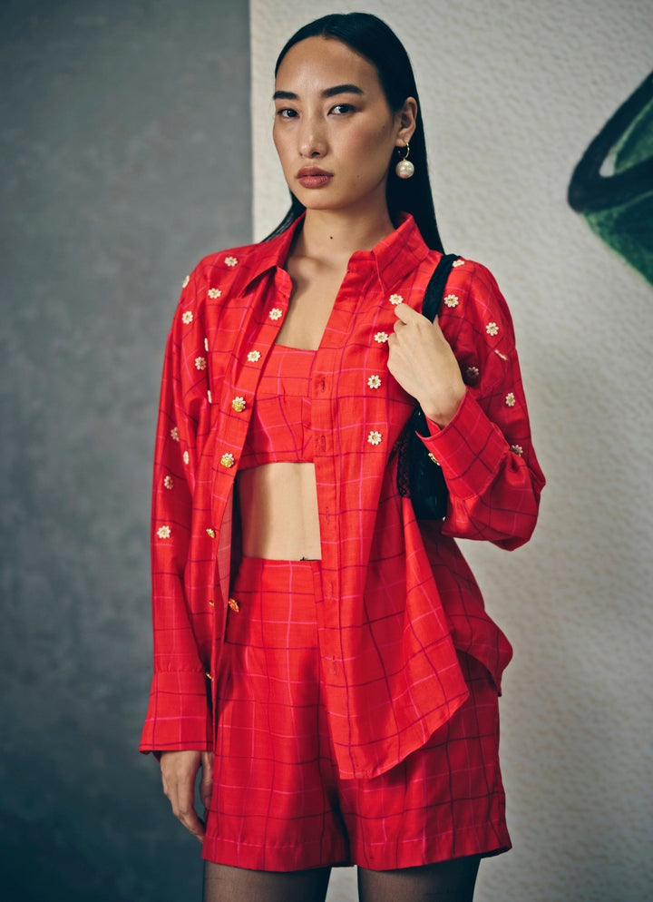 Red Checked Silk Shorts Co Ord Set Paulmi and Harsh X Ease - Fabilicious Fashion