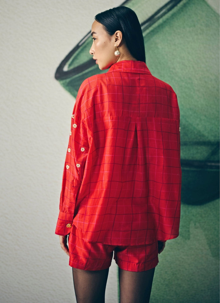 Red Checked Silk Shorts Co Ord Set Paulmi and Harsh X Ease - Fabilicious Fashion