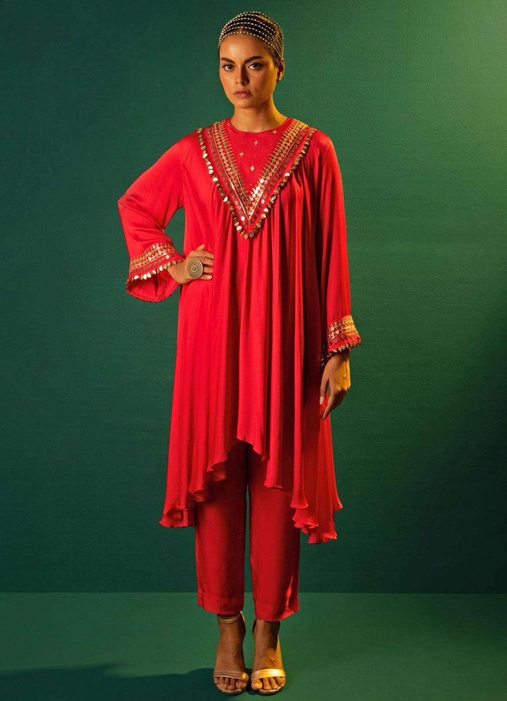 Red Chili Embroidered High - Low Satin Silk Kurta Set Prahnaaya - Fabilicious Fashion
