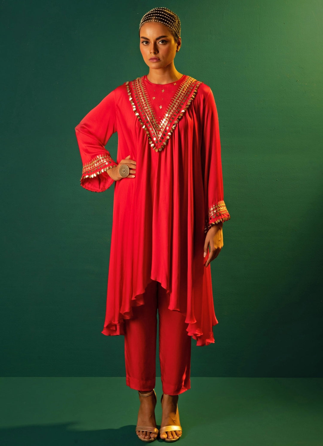 Red Chili Embroidered High - Low Satin Silk Kurta Set Prahnaaya - Fabilicious Fashion