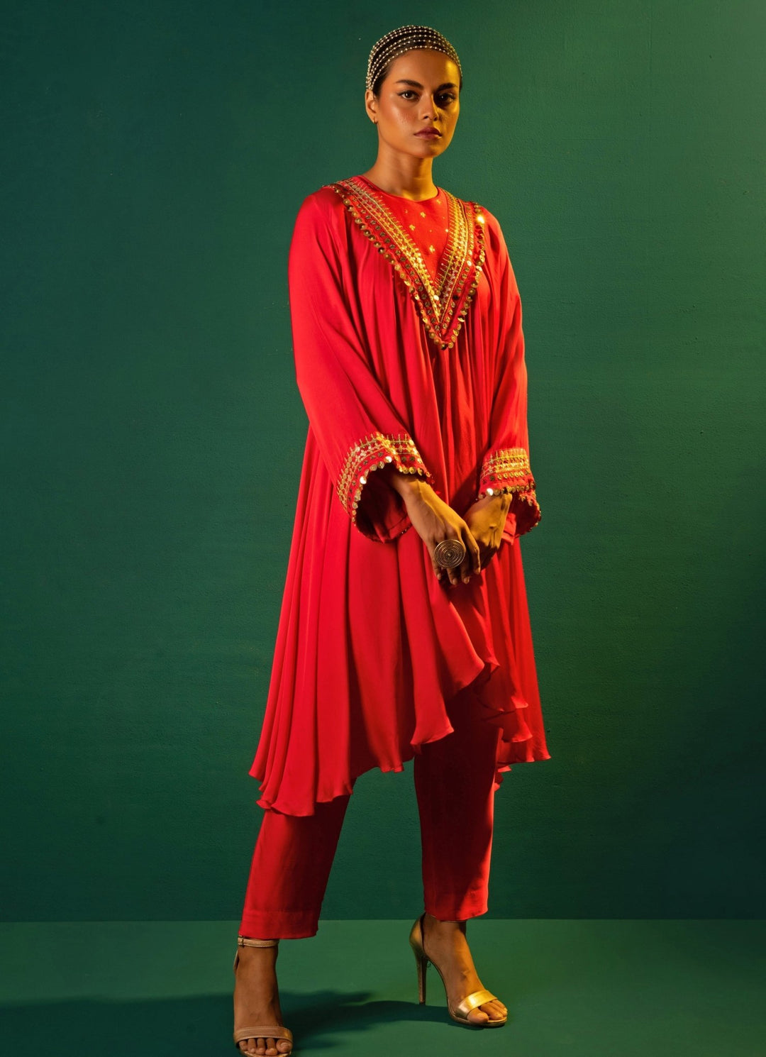 Red Chili Embroidered High - Low Satin Silk Kurta Set Prahnaaya - Fabilicious Fashion