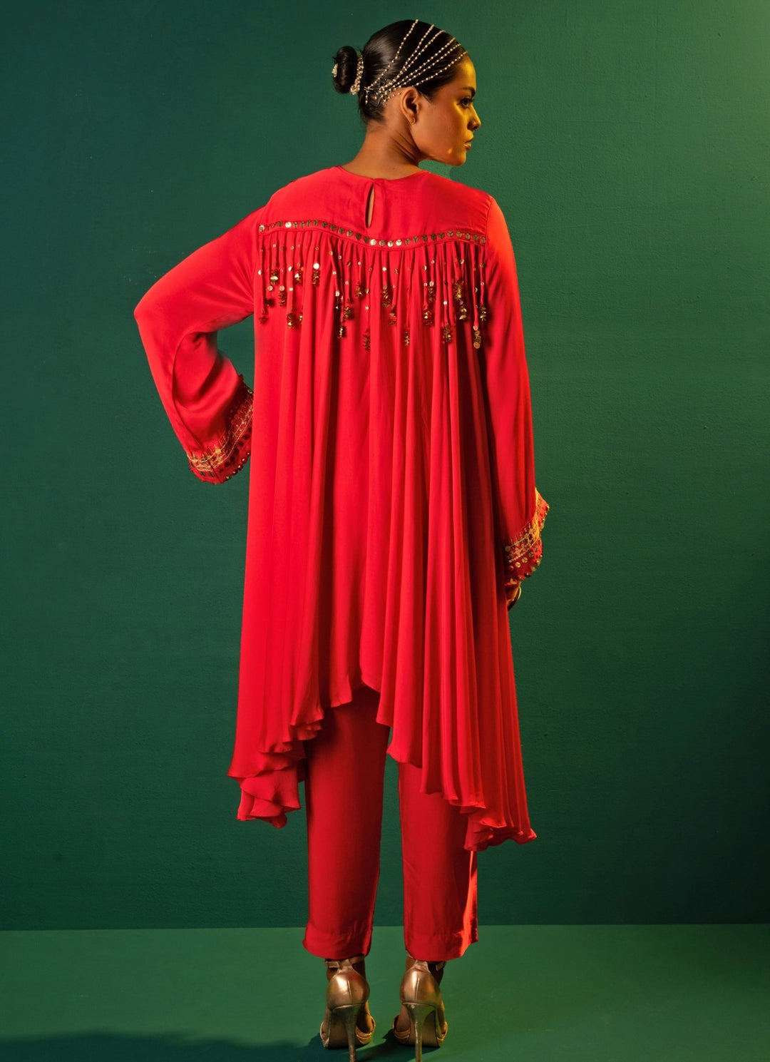 Red Chili Embroidered High - Low Satin Silk Kurta Set Prahnaaya - Fabilicious Fashion
