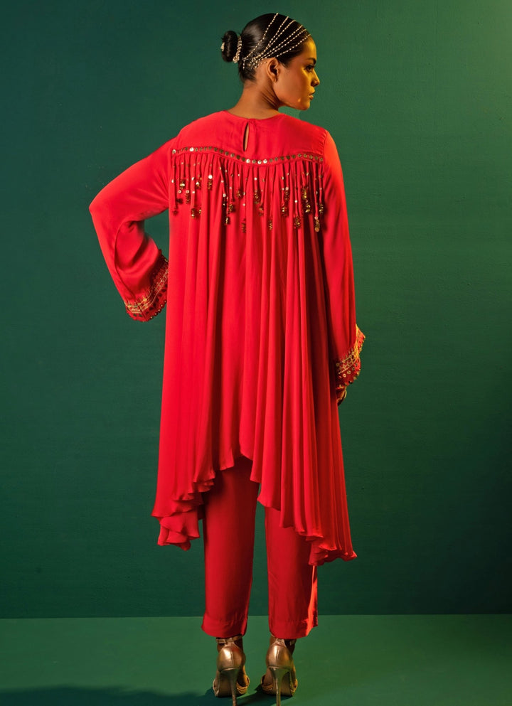 Red Chili Embroidered High - Low Satin Silk Kurta Set Prahnaaya - Fabilicious Fashion