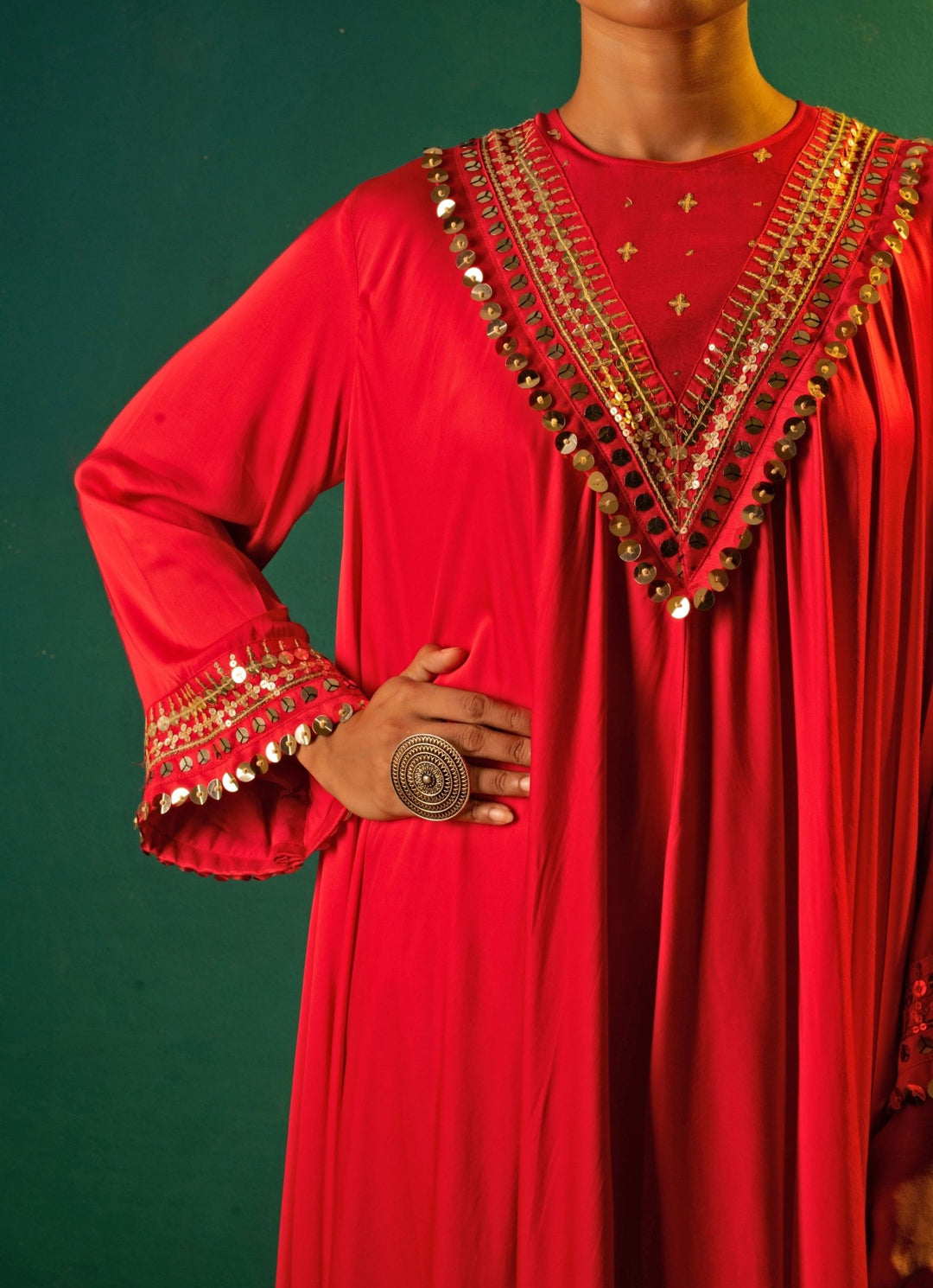 Red Chili Embroidered High - Low Satin Silk Kurta Set Prahnaaya - Fabilicious Fashion