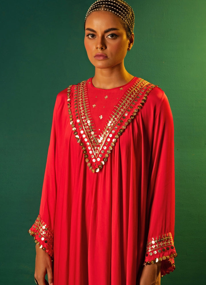 Red Chili Embroidered High - Low Satin Silk Kurta Set Prahnaaya - Fabilicious Fashion
