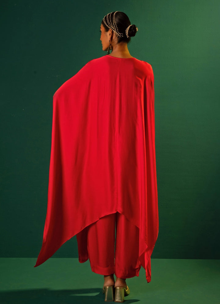 Red Chili Embroidered Satin Kaftan Set Prahnaaya - Fabilicious Fashion