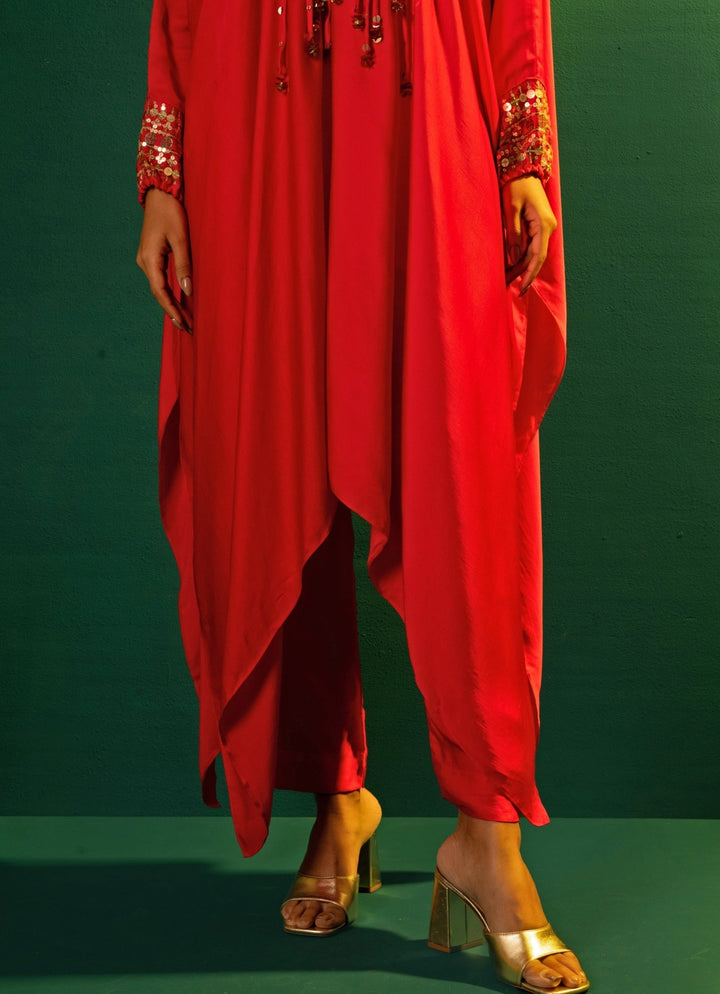 Red Chili Embroidered Satin Kaftan Set Prahnaaya - Fabilicious Fashion