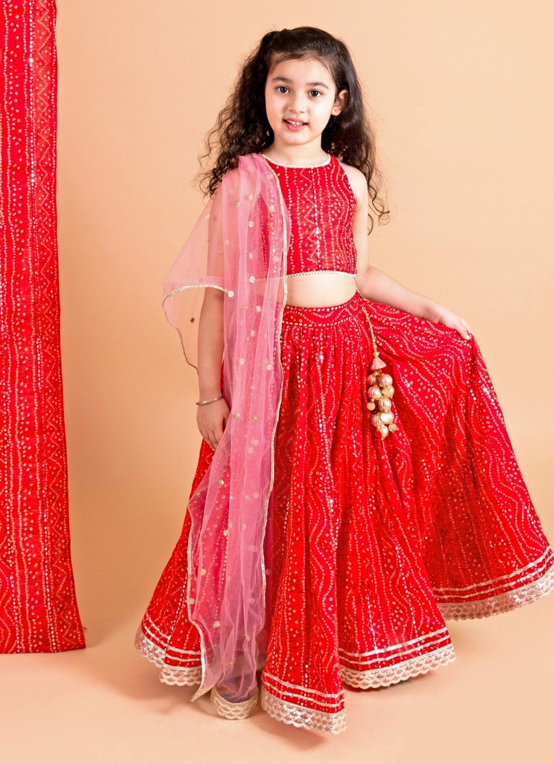 Red Cotton Bandhani Lehenga Set Chotibuti - Fabilicious Fashion