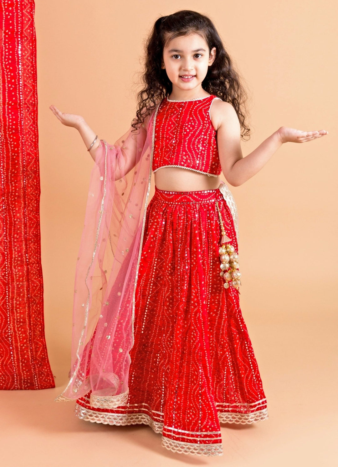 Red Cotton Bandhani Lehenga Set Chotibuti - Fabilicious Fashion