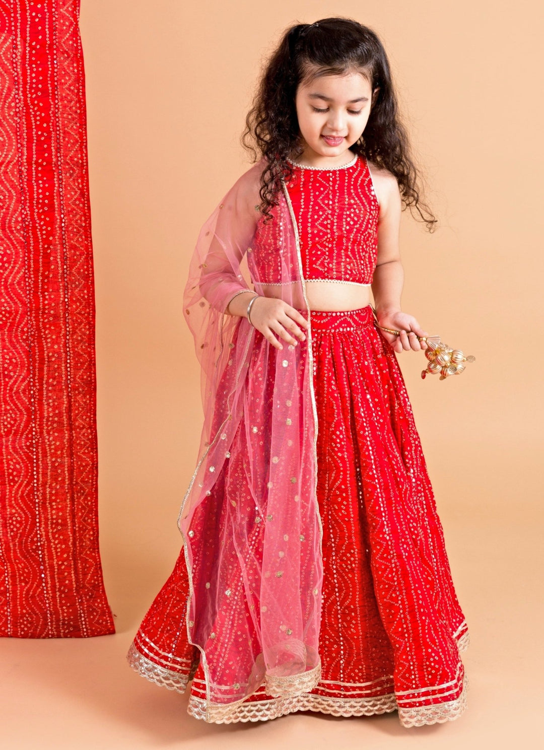 Red Cotton Bandhani Lehenga Set Chotibuti - Fabilicious Fashion